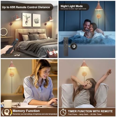 TRLIFE Dimmable Wall Sconce, Remote Control Plug in Wall Sconce Dimming 10%-100% and Adjustable Color Temperature 2700K-6000K, Swing Arm Wall Lights with Plug in Cord, UL Listed(2 Pack, Walnut Color) - Image 3