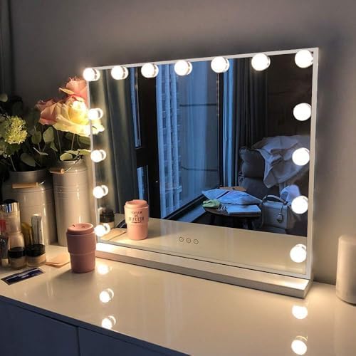FENCHILIN Vanity Mirror with Lights, Hollywood Lighted Makeup Mirror with 15 Dimmable LED Bulbs for Dressing Room & Bedroom, Slim Metal Frame Design, Tabletop White by Fenchilin