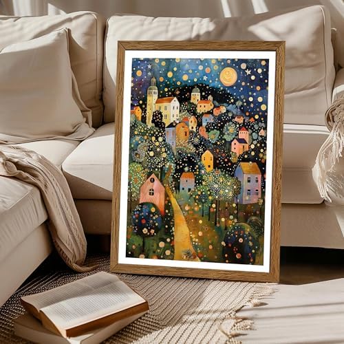 AVECCO Gustav Klimt Style Village Night Wall Art Framed Canvas 20x30 inch - Image 5