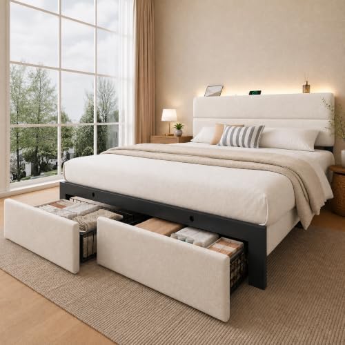 Queen Bed Frame with 2 Storage Drawers, Light Beige Velvet Upholstered - Image 7