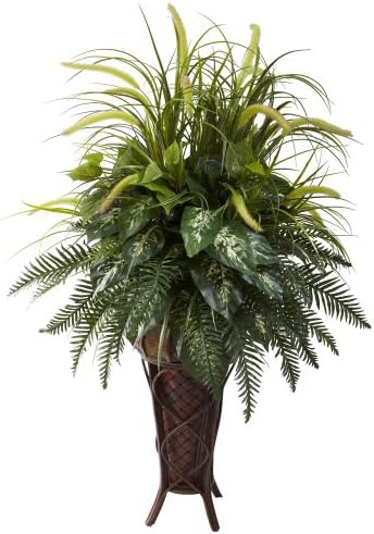Nearly Natural 6725 Mixed Greens and Cattails Plant with Stand Planter, Green 34 x 32 x 50 by NearlyNatural