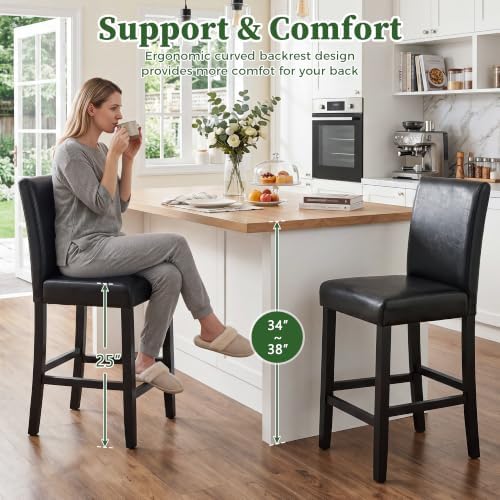 LSSPAID Counter Height Bar Stools Set of 4, 25 Inch Upholstered PU Leather Barstools, Modern Kitchen Island Chairs with Backrest and Solid Wood Legs, Black - Image 4