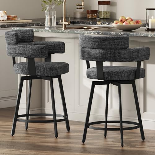 Counter Height Bar Stools with Full Back – Swivel Counter Stools Set of 2 with Linen Padded Back, Metal Footrest, Modern Barstools for Kitchen Counter, Island, Dining Room, Black 24 inch by FERFALDER