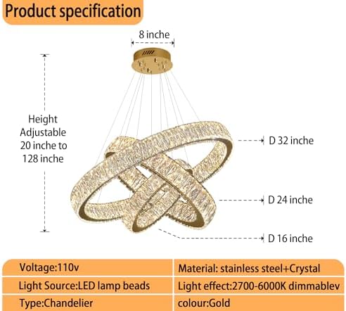 Modern Led Gold Ring Chandelier Luxury 3 Ring Crystal Chandelier Led Dimmable Light for Dining Room Height Adjustable Led Pendant Light 32''+24''+16'' - Image 2