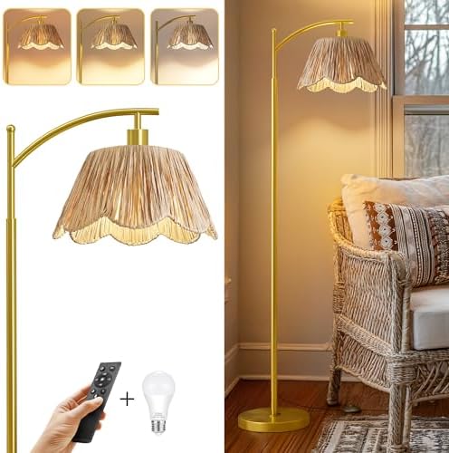 Oneach Boho Floor Lamp with 3 Color Temperatures, Farmhouse Floor Lamps for Living Room with Remote & Dimmable Bulb, Rattan Floor Lamp for Bedroom, Gold by Oneach