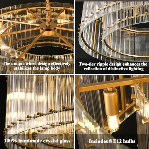 37" Modern Gold Round Chandelier,2-Tier 8-Light Water Ripple Crystal Glass Chandeliers,for Dining Room,Living Room,Bedroom,High Ceiling,Foyer Entryway,Luxury Chandelier - Image 4