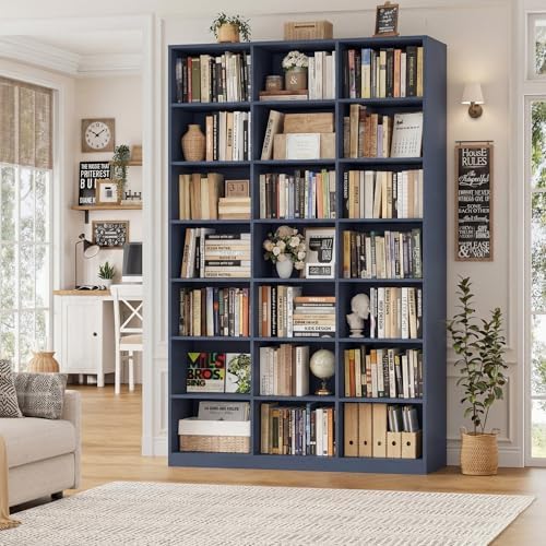 HOSTACK 86" H Triple Wide Bookshelf and Bookcase, 7 Tier Tall Bookshelf with Storage, Large Bookcase with 21 Open Display Storage Shelves, Wood Book Shelf Media CD DVD Storage for Living Room, Blue - Image 2