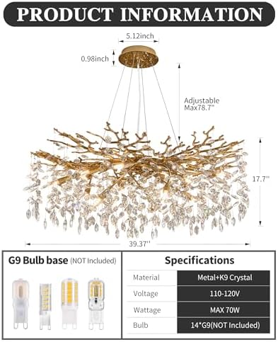 Modern Tree Branch Crystal Chandelier Luxury Gold Crystal Pendant Lighting 40" Contemporary 14-Light Chandeliers for Dining Room Kitchen Bedroom Living Room - Image 6