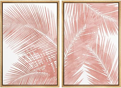 SIGNWIN Framed Canvas Print Wall Art Set Tropical Red Pastel Palm Leaf Plants Nature Wilderness Illustrations Modern Art Decorative Rustic Chic for Living Room, Bedroom, Office - 16"" x24 x2 Natural by SIGNWIN