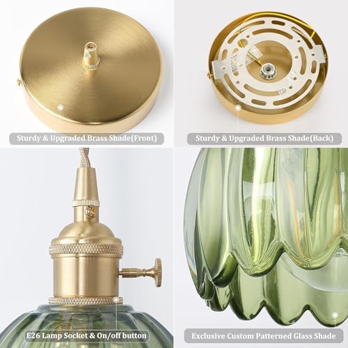 Shenmoyl Pendant Light 2 Pack with Green Tulip Glass Lmapshade, Brass Vintage Pendant Light Adjustable Hanging Light for Kitchen Island Dining Room Hallway - Image 4