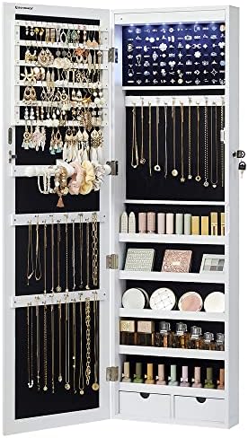 SONGMICS 6 LEDs Mirror Jewelry Cabinet, 47.2-Inch Tall Lockable Wall or Door Mounted Jewelry Armoire Organizer with Mirror, 2 Drawers, 3.9 x 14.6 x 47.2 Inches, White UJJC93W by SONGMICSbySONGMICSHOME