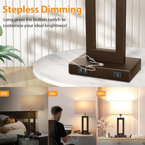 3 Color Temperatures Brown Table Lamps for Bedrooms Set of 2, 22’’ Touch Control Bedside Nightstand Lamps with 2 USB Ports & AC Outlet, Modern Lamp Sets for Living Room, Stepless Dimming, White Shade - Image 3