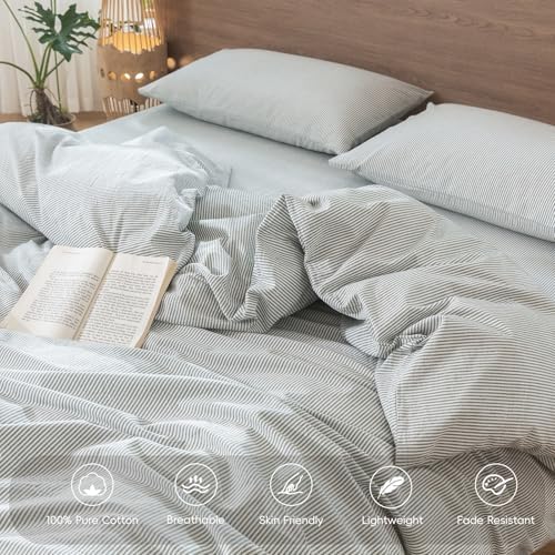 MooMee Striped Duvet Cover Set 100% Washed Cotton Linen Like Twin - Image 3