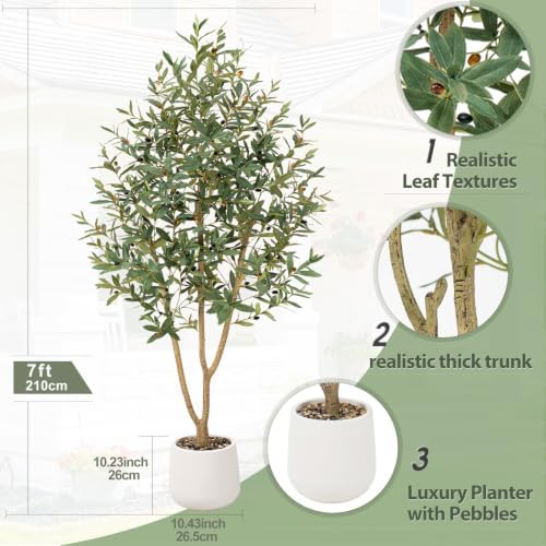 7FT Olive Trees Artificial, Large Faux Olive Tree with White Tall Planter, Faux Tree Indoor with Lush Lifelike Fruits for Living Room Bedroom Balcony Corner Office Home Decor - Image 3