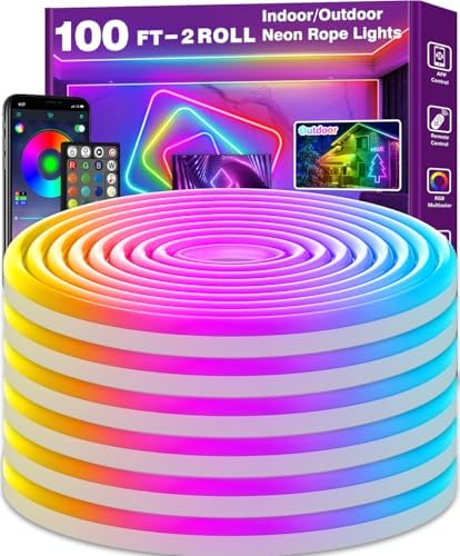 AILBTON 100Ft Neon Rope Lights,Flexible Led Rope Lights Control with App/Remote,Multiple Modes RopeLights,IP65 Outdoor RGB Led Neon Lights NonWater Resistant,Music Sync Gaming Led Neon Light Strip by AILBTON