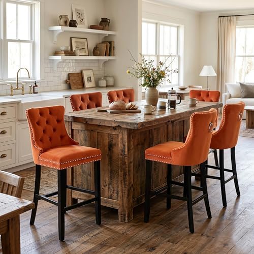 SoarFlash Modern Velvet Upholstered Bar Stools Set of 6 with Wood Legs, Button Tufted,Chrome Nailhead, Counterstool Seat, Armless Bar Chairs (Orange) by SoarFlash
