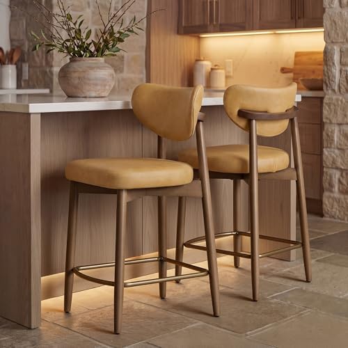 VASAGLE Wooden Bar Stools Set of 2, Synthetic Leather, Caramel Brown by VASAGLEbySONGMICSHOME