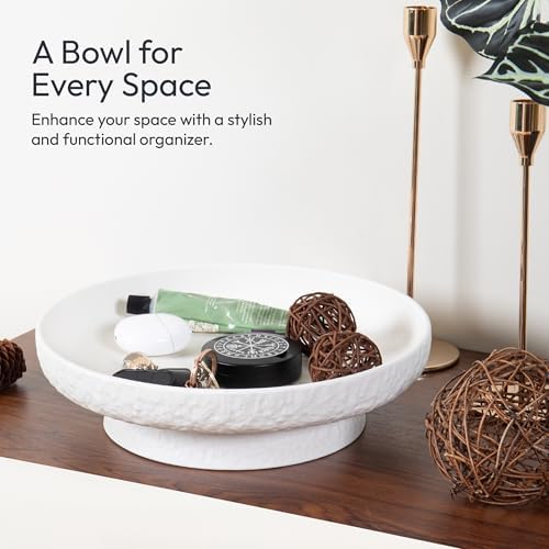 Granite Inspired Matte White Fruit Bowl | Wide, Shallow Textured Pedestal Bowl | 11 Inch Unique Centerpiece for Table or Decor for Entryway Table - Image 6