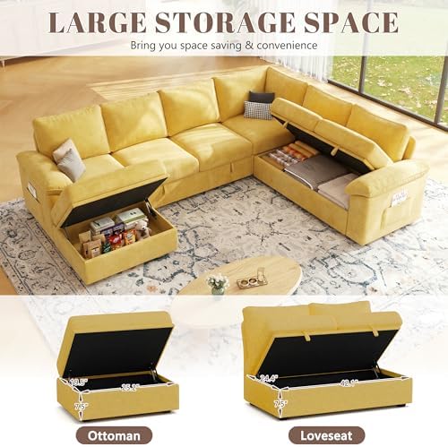 106'' Modular Sectional Sofa with Pull Out Bed, Sleeper Sofa, Yellow - Image 6