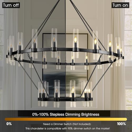 Black Wagon Wheel Chandelier 2 Tier, 60 Inch Chandeliers with Glass Shade, 30-Light Large Chandelier for High Ceiling, Modern Farmhouse Chandeliers for Living Room, Dining Room, Entryway and Staircase - Image 6