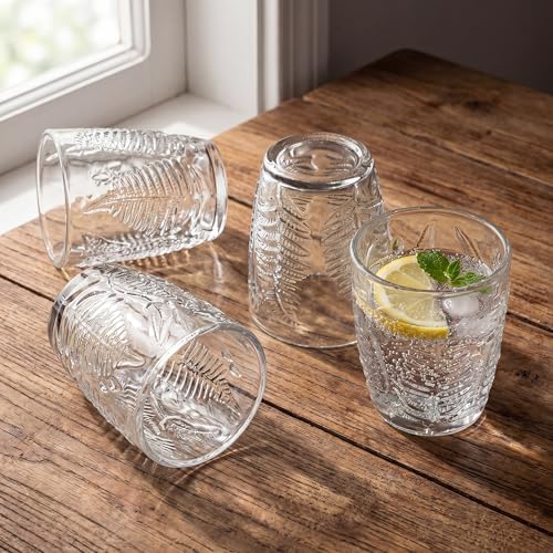 Clear Drinking Glasses Set of 4, 10 oz Glass Cups, Vintage Fern Glassware - Image 2