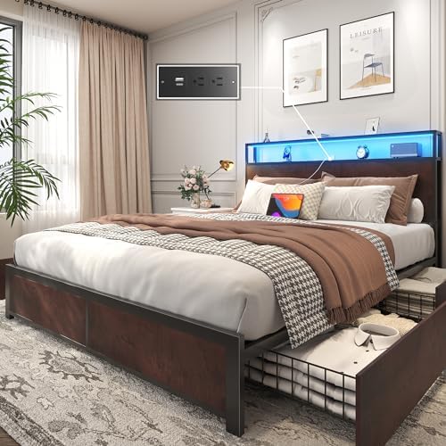 Lifezone Queen Bed Frame with 2-Tier Storage Headboard, Metal Platform Bed Frame with 4 Storage Drawers, Built in Charging Station & LED, Noise-Free/Metal Support/No Box Spring Needed, Coffee Brown by Lifezone