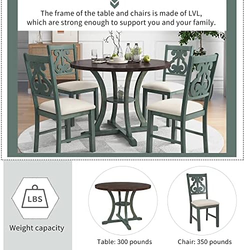 Harper & Bright Designs Retro Style Round Kitchen Dining Table Set for 4, 5 Piece Round Dining Table and 4 Fabric Chairs with Special-Shaped Table Legs and Storage Shelf, Antique Blue/Dark Brown - Image 4