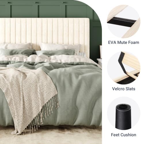 Allewie Full Bed Frame, Upholstered Platform Bed with Adjustable Vertical Channel Tufted Headboard, Mattress Foundation with Strong Wooden Slats, Box Spring Optional, Easy Assembly, Chenille White - Image 5