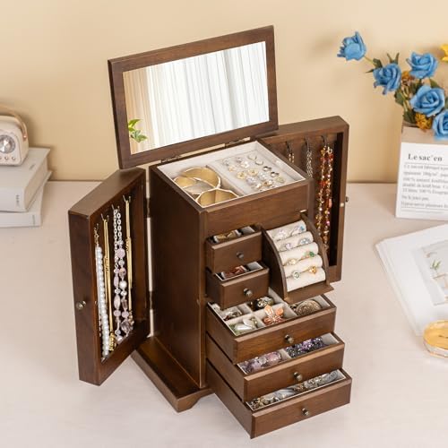 Jewelry Box for Women, Rustic Wooden Jewelry Boxes & Organizers with Mirror & Drawers,6 Layer Jewelry Organizer Box for Rings Earrings Necklaces Bracelets ((Walnut) - Image 2