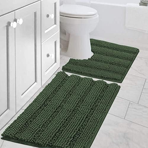 H.VERSAILTEX Bathroom Rugs Bath Rug Set 2 Piece Bathroom Contour Rug Toilet Mat Sets Non Slip Contour Bath Rug Ultra Thick Water Absorbent Striped Bath Mats(20" x 32" Plus 20" x 20" U, Bronze Green) by HVERSAILTEX