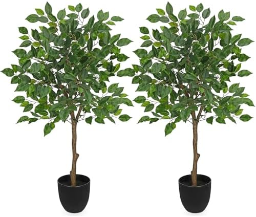 3Ft Ficus Tree Artificial Plants Indoor with Realistic Trunk, 2Pack Tall Fake Potted Tree Faux Floor Plant, Artificial Tree in Pot for Home Living Room Office Bedroom Corner Decor(Green) by GnFlus