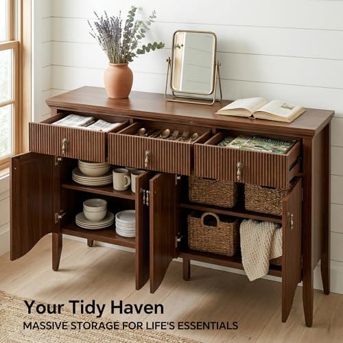 FUSUNBAO 57" Fluted Sideboard Buffet,Retro Storage Cabinet, Walnut - Image 4