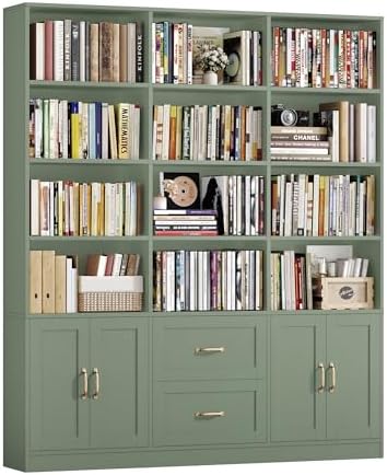 HOSTACK 71" Tall Triple Wide Bookshelf with Storage Drawers & Doors, Green by HOSTACK