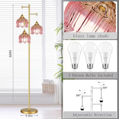 QIYIZM Pink Floor Lamp for Living Room,Bedroom,Gold Mid Century Modern Standing Lamp Brass Tree 3 Light Tall Floor Lamps Vintage Retro Floor Lights Glass Flower Lamp Shade Girls Kids Boho Bohemian - Image 5