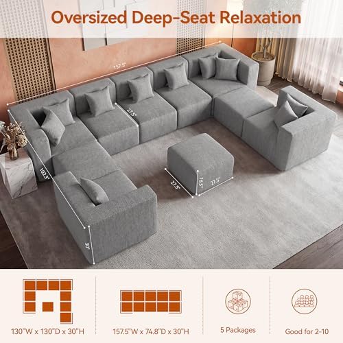 MONVANE Modular Sectional Sofa, Oversized 10 Seat Convertible U Shaped Couch with Ottoman, Comfy Chenille Deep Seat Cloud Couch, Sectional Couches for Living Room, No Assembly Required, Light Grey - Image 3