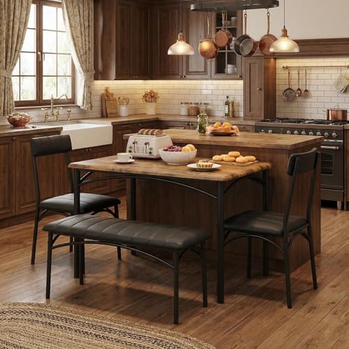 IDEALHOUSE Dining Table Set for 4, Kitchen Table with Chairs for 4, Rectangular Wood Dining Room Table Set with Upholstered Bench for Small Space, Dinner, Apartment, Retro Brown - Image 3