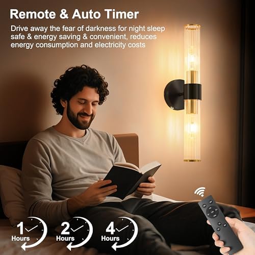 Morauroral Black Gold Battery Operated Wall Sconce, Rechargeable Wall Lights with Remote, 20 Inch Modern Wireless Wall Lamp for Bedroom, Living Room with Clear Glass Shade (Bulbs Included) - Image 7