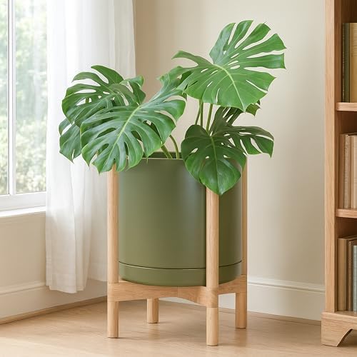 D'vine Dev Ceramic Pot with Natural Wood Stand, Olive, 14 in, 55-B-R-J - Image 4