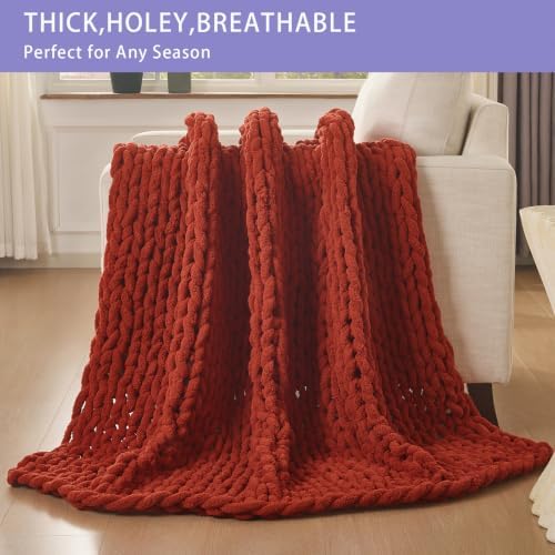 Bigacogo Chunky Knit Throw Blanket for Couch, 51x63 inches, Rust Red - Image 4