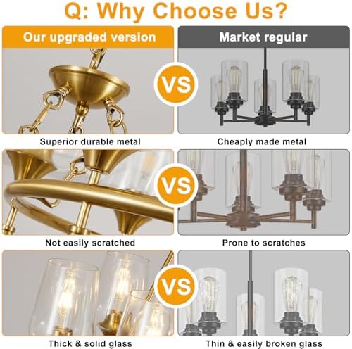 25" Modern Gold Chandelier for Dining Room, No Assembly Required 6-Light Dining Room Light Fixture Over Table, Industrial Hanging Pendant Lights Fixture for Kitchen Island Bedroom Foyer Entryway - Image 4