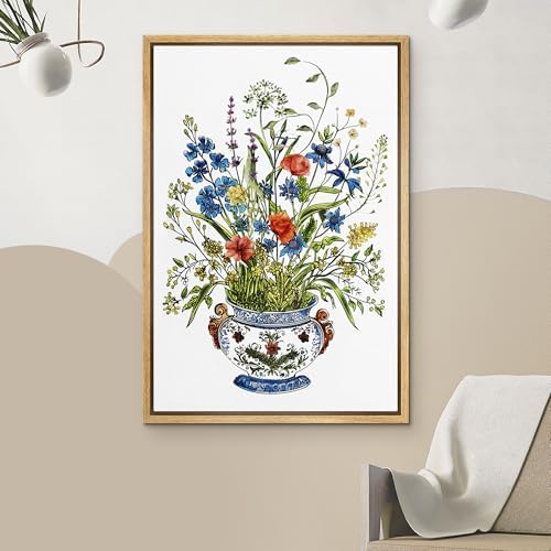 NWT Framed Canvas Print Wall Art Vibrant Wildflower Bouquet in Ornate Vase Illustrations Modern Art Decorative Landscape Rustic Zen Colorful for Living Room, Bedroom, Office - 16"x24" Natural - Image 3