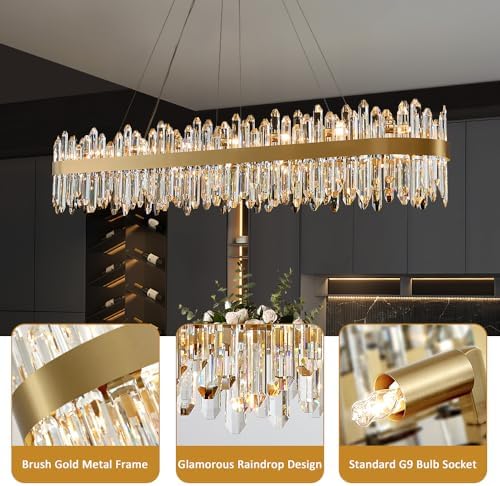 Gold Oval Crystal Chandelier L57 inch, 32-Lights Gold Chandeliers Modern Crystal Chandelier Pendant Light Fixture G9 Lights Pendant Ceiling Light for Dining Living Room Kitchen Island - Image 5
