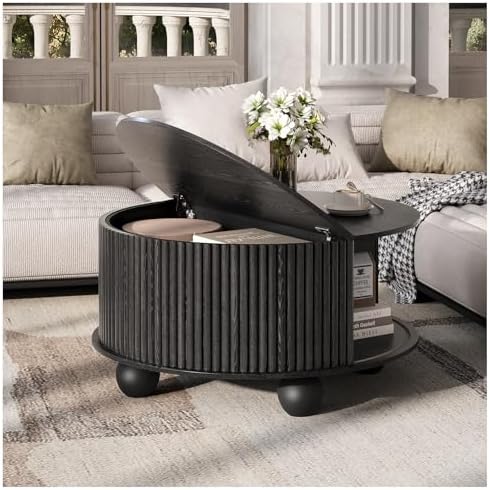 JOINICE 31.5" Round Coffee Table with Storage,Unique Bun Feet,Black - Image 6