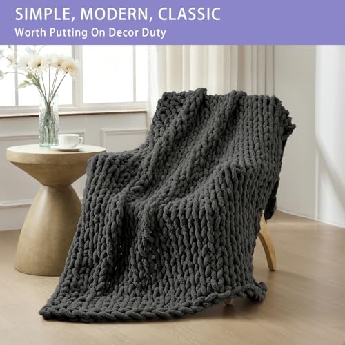 Bigacogo Chunky Knit Throw Blanket for Couch, 51x63 inches, Dark Grey - Image 3