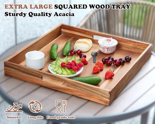 Large Ottoman Tray for Living Room, 20" Extra Large Wooden Tray for Ottoman Square Big Acacia Serving Trays with Handles for Coffee Table, Breakfast, Appetizers, Dinner - Image 3