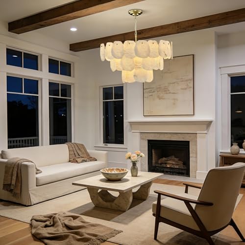 32″ Alabaster Chandelier, 16-Light Marble Round Chandelier, Modern Dining Room Chandeliers, 3 Tiers White & Brass Alabaster Chandeliers for Living Room Bedroom Bathroom Kitchen Foyer - Image 4