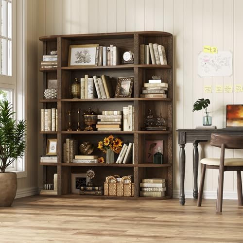TVU 5-Tier Wood Book Shelf, 47" Wide Large Bookshelf and Bookcase, 62" Tall Bookshelf with Curved Side Shelves, Freestanding Wood Display Book Shelves for Living Room, Home Office, Walnut - Image 2
