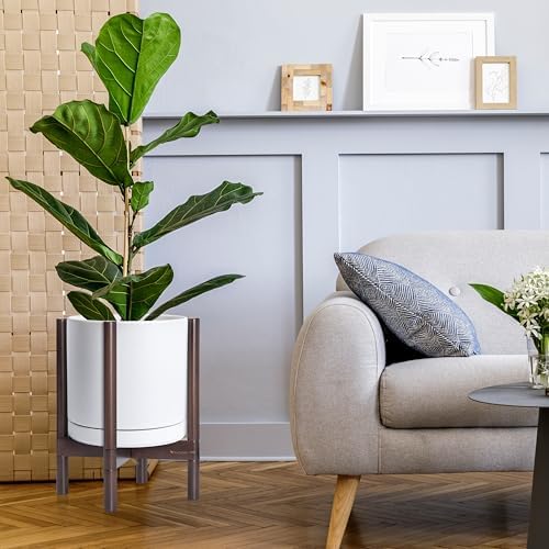 D'vine Dev Ceramic Pot with Walnut Wood Stand, White, 12 in, 55-B-W-1 - Image 2