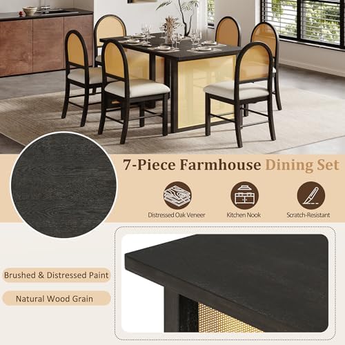 VilroCaz Farmhouse 7-Piece Dining Table Set for 6-59.8" Rectangular Dining Table with Distressed Oak Veneer and 6 Upholstered Chairs, Rattan-Wood Combination for Kitchen Dining Room (Espresso-9.26) - Image 5