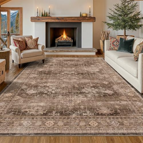Hazo Haus Boho Taupe Living Room Rug 7x10 -Vintage Traditional Oriental Neutral Brown, Washable Low Pile Non-Slip Extra Large Area Rugs for Dining Under Table Bedroom Lounge by HazoHaus